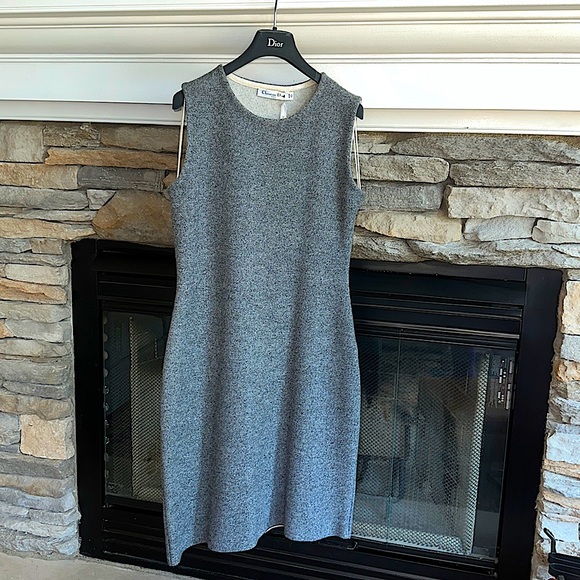 🌸 NWT Christian DIOR Cashmere & Lamb Wool Sheath Dress Grey Cream size 12 - Picture 3 of 11